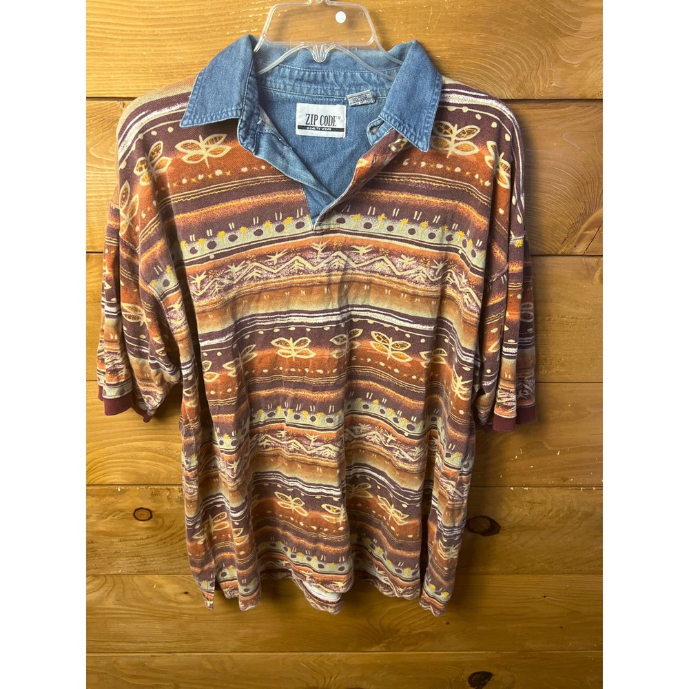 Zip Code Men's Medium Southwest Aztec Print Shirt Denim Collar Casual Top Vitage